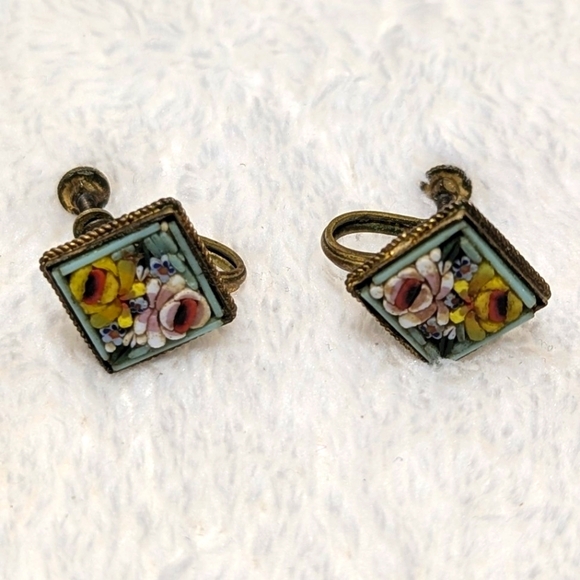 Antique/Rare Fabbrica Angelo Pressar (FAP) Mosaic Floral Earrings Made in Italy - Picture 6 of 7